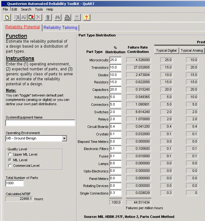 QuART PRO Reliability Potential Tool